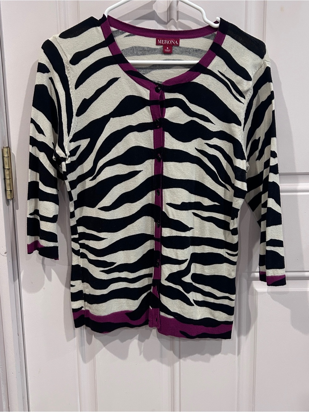 Merona Ivory and Black Striped Top with Plum Trim